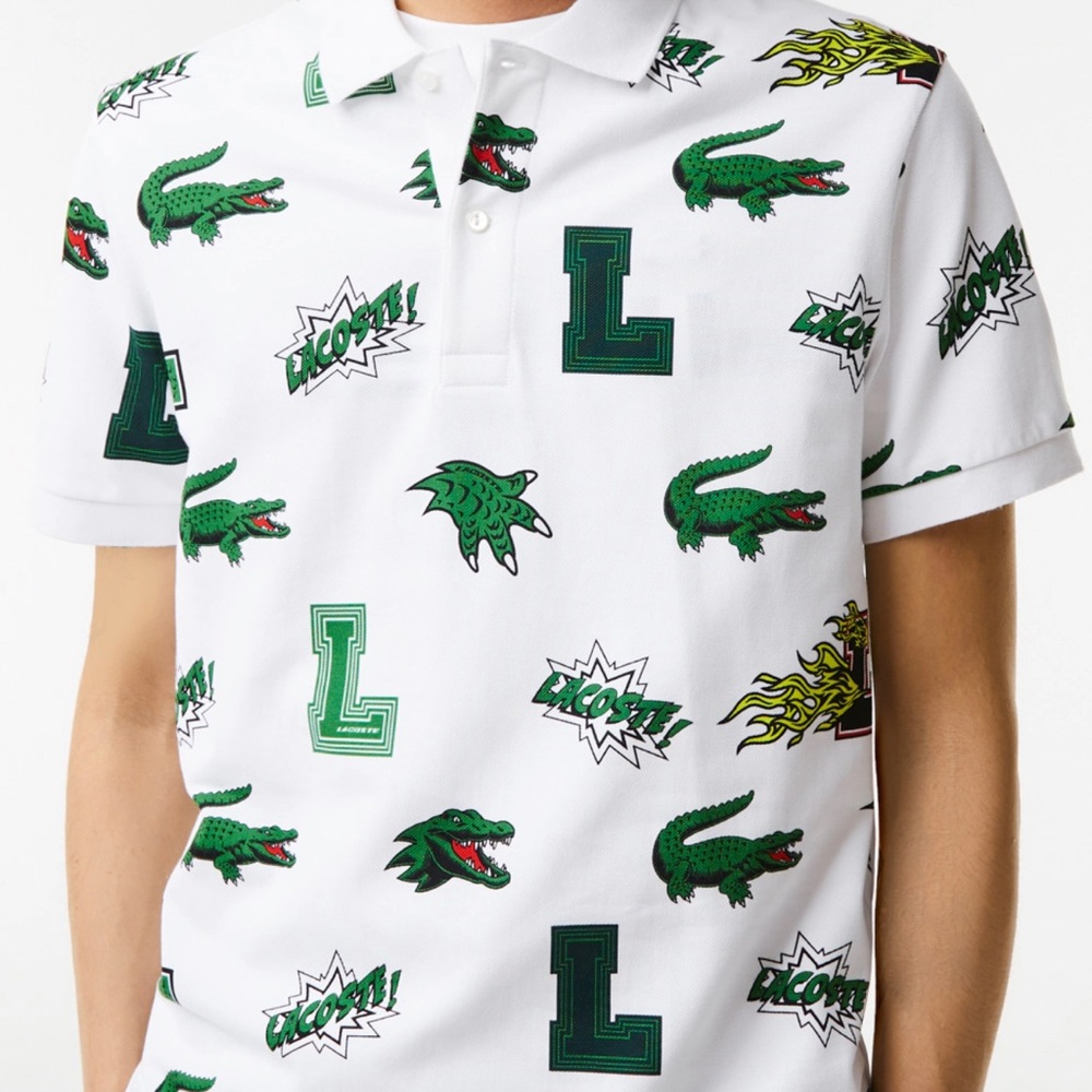 LACOSTE | crocodile print polo in white, size us medium/fr 4